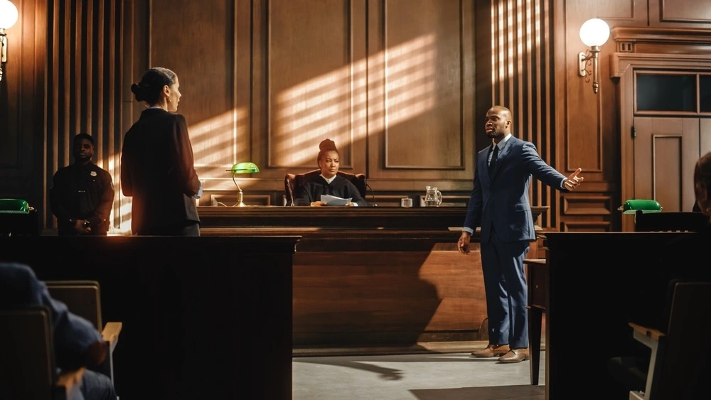 A heated courtroom scene unfolds, capturing the tense atmosphere and complexity of navigating the Texas divorce court system.